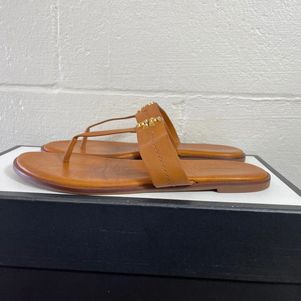 Tory Burch Mini Everly Flat Sandals Brown Leather Slip On Women's Size 10 US